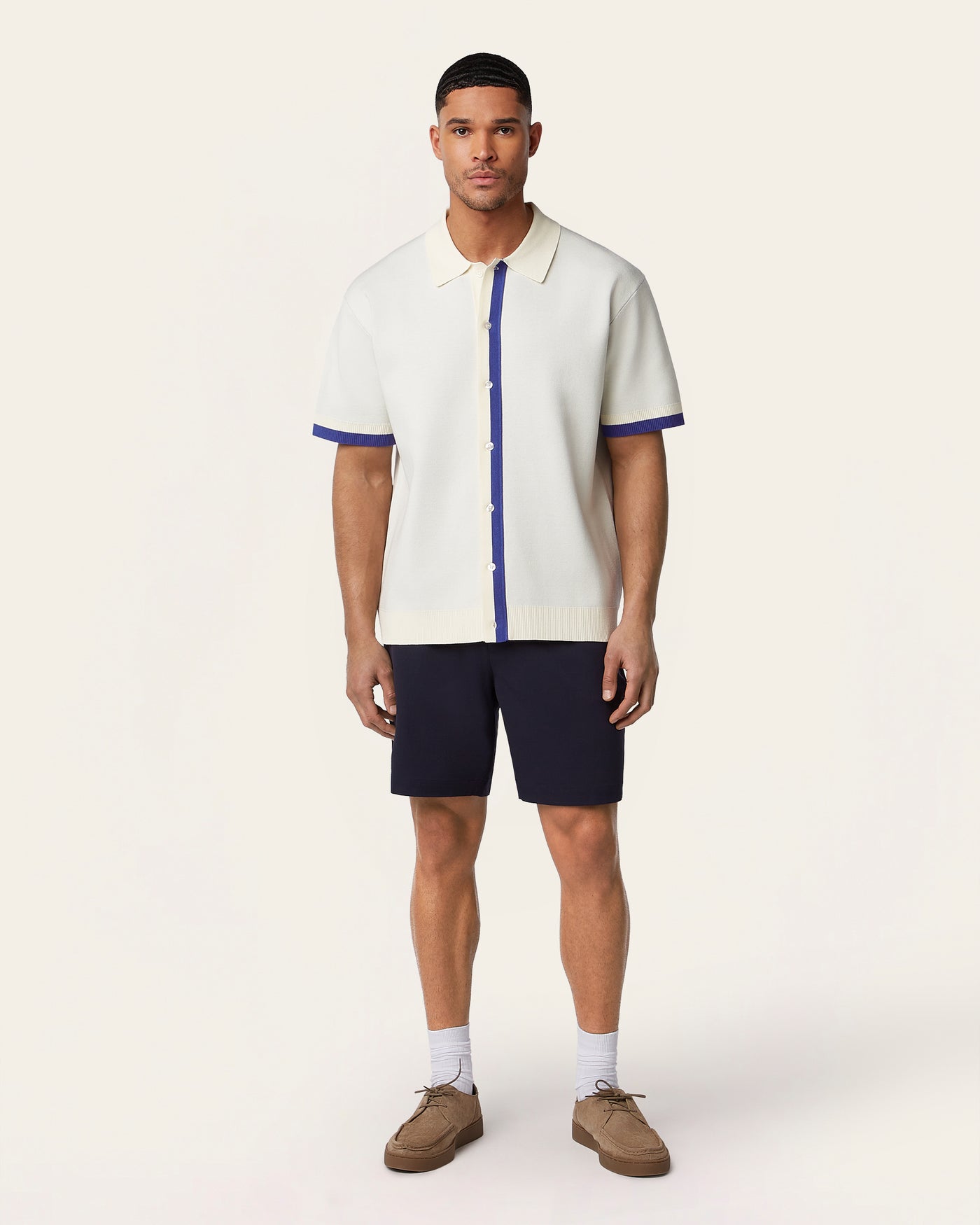 Jacquard Short Sleeve Shirt Off White / Cobalt Blue